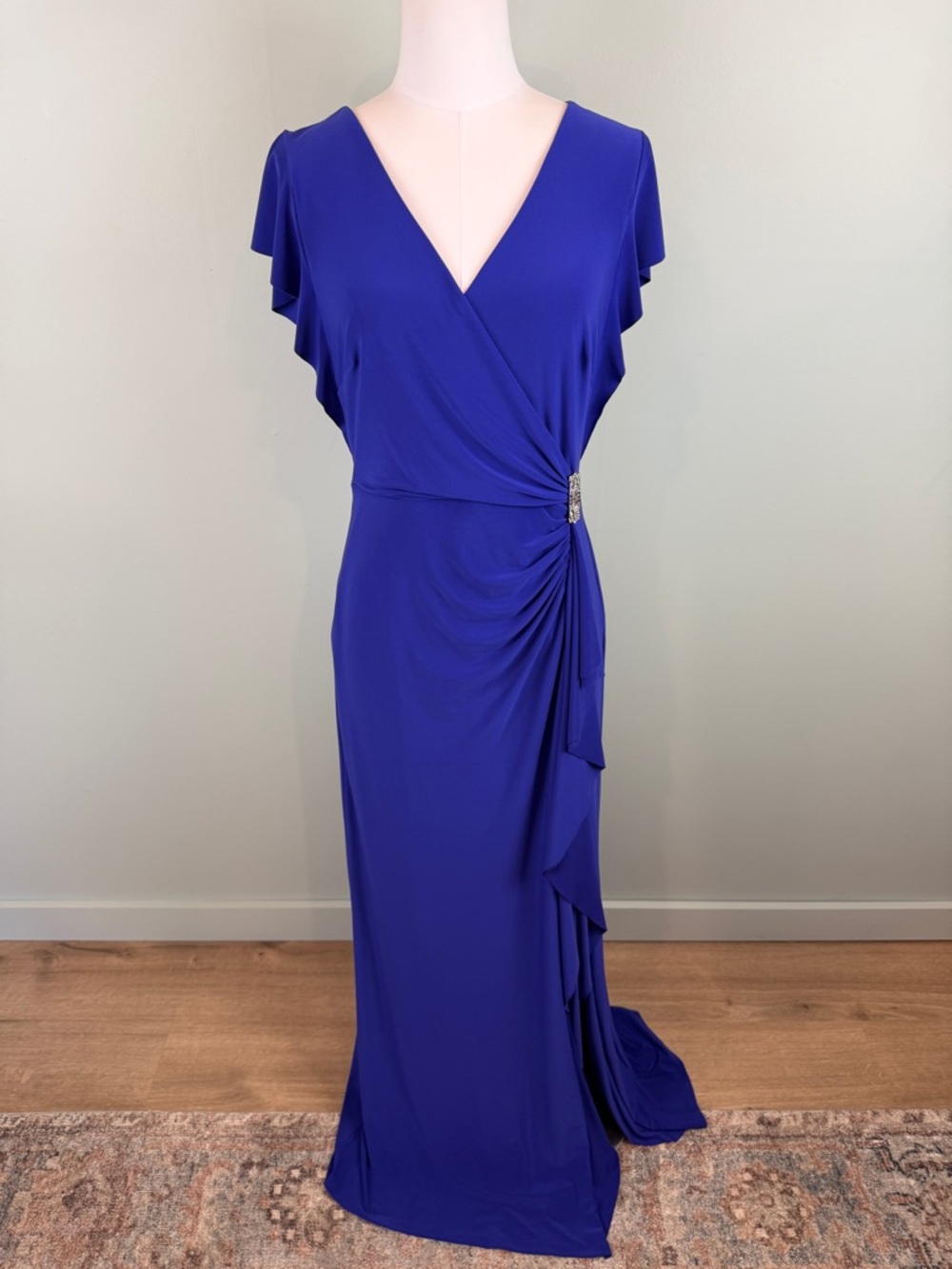 Lauren Ralph Lauren Elegant Royal Blue faux Wrap Maxi Gown with Side Drape sz 8